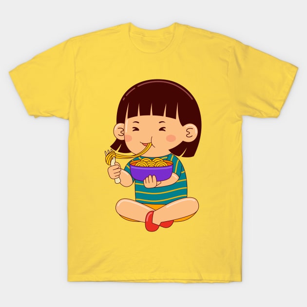 girl kids eating noodle T-Shirt by MEDZ